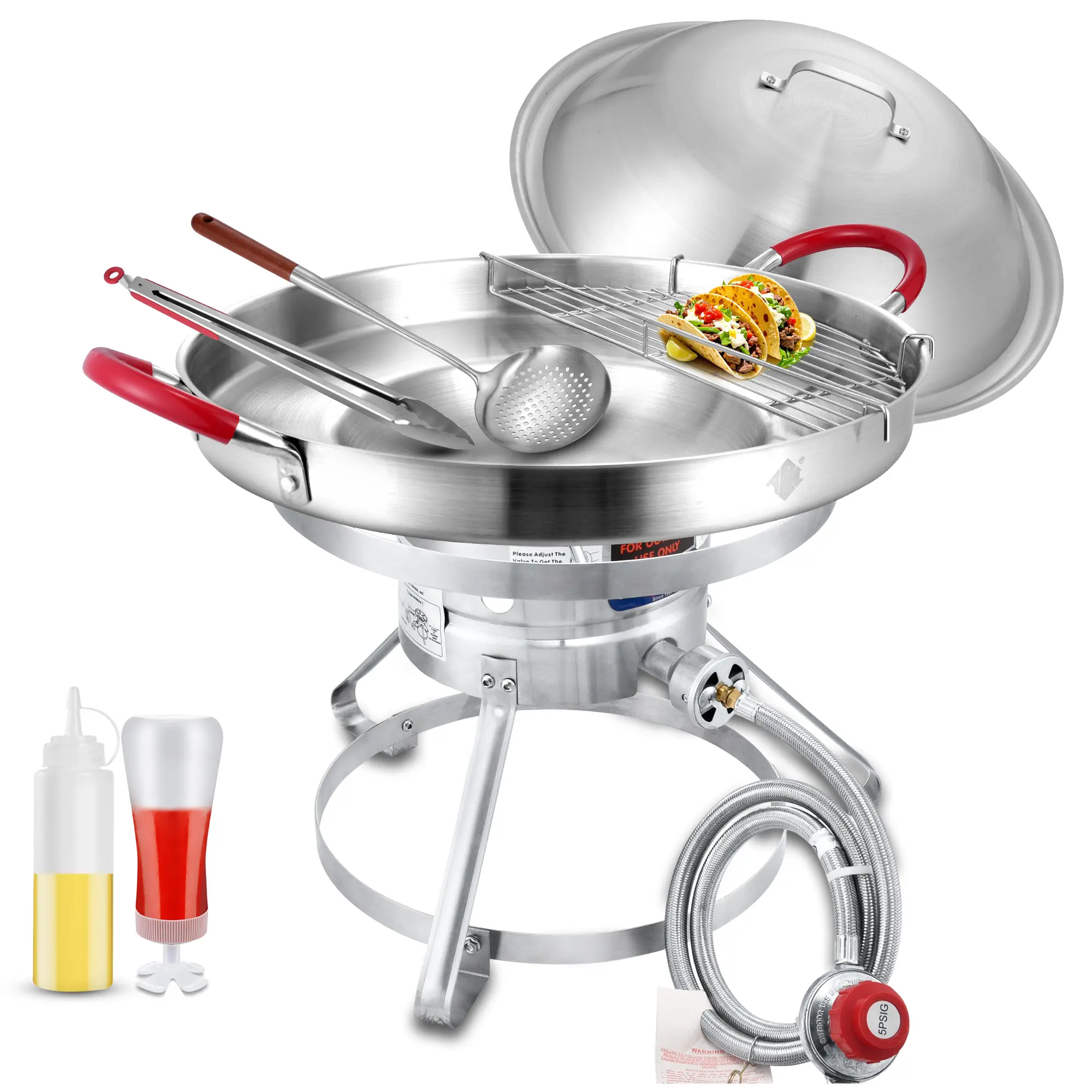 ARC ADVANCED ROYAL CHAMPION 7-Piece Stainless Steel Metal Discada Cooker Set for Camping, Outdoor BBQ - 20" Comal Griddle, Energy-Saving Dome Lid, Portable 37kBTU Adjustable Burner Propane Stove, High Load-Bearing Capacity
