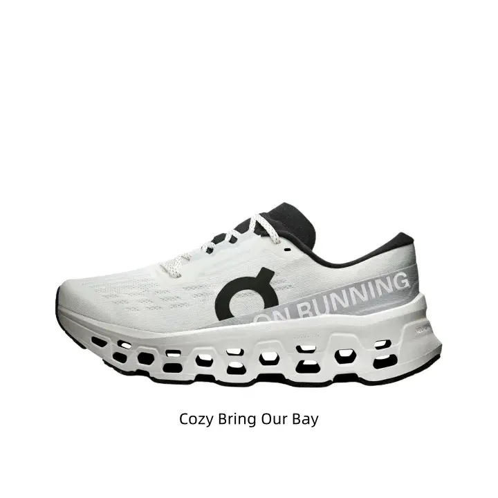 Ultra shock-absorbing wave hollow cushion running sneakers, clean milky white breathable mesh upper with bold black logo accents, cloud soft midsole for marathon jogging & minimalist casual street fits, grab yours now