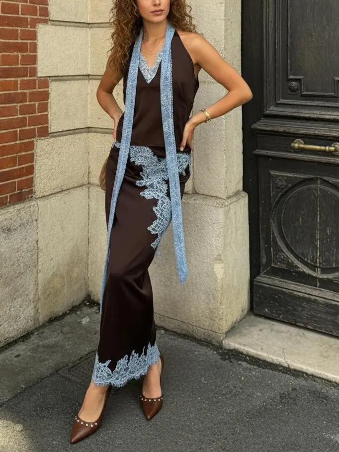 Women's Boho Satin Two-Piece Outfit, Halter Top & Lace Maxi Skirt Set, Brown with Light Blue Lace Trim Western Co-Ord Set