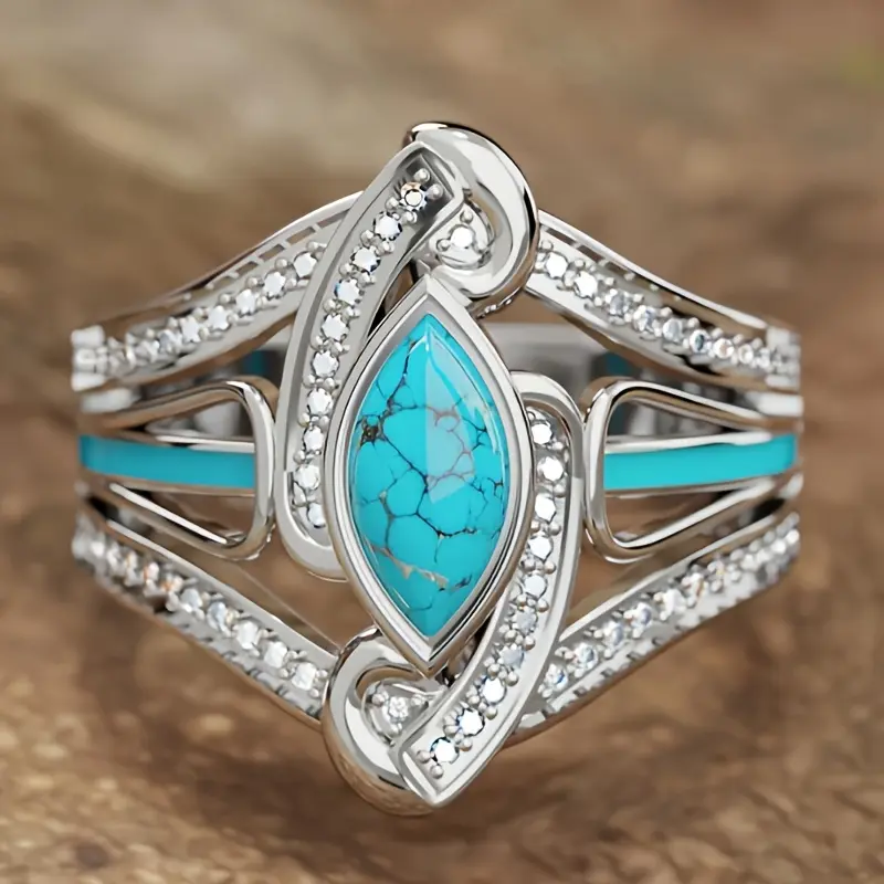 Women's Bohemian Vintage Imitation Turquoise Alloy Ring - Affordable Fashion Birthstone Ring for Female, Zinc Alloy Band with Synthetic Cubic Zircon, Daily Gift (December Birthstone), Birthstone Rings, Synthetic Zircon (Synthetic Cubic Zirconia)