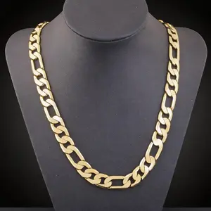 Golden Figaro Chain Necklace For Men and Women - 14k Gold Plated - Durable Clasp 10MM Flat Italian Style Figaro Link Chains Length 19.68/23.62Inch