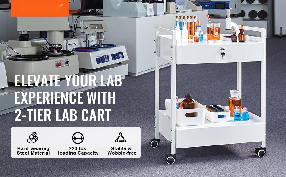 Lab Cart 2-Tier Stainless Steel Utility Cart, Medical Cart With 2 Drawers, Rolling Laboratory Cart In White Finish, Servicing And Transport Cart With Smooth Swivel Casters For Laboratory, Hospital, Dental Clinic, Salon And Beauty