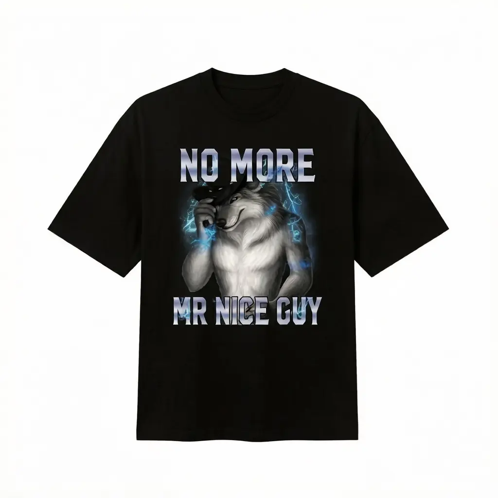 "No More Mr Nice Guy Wolf Furry T-Shirt | Edgy Meme Graphic Tee | Bold Internet Humor Apparel for Men & Women | Retro Furry Art" Crewneck Cotton Casual Elegant White Elegant Black