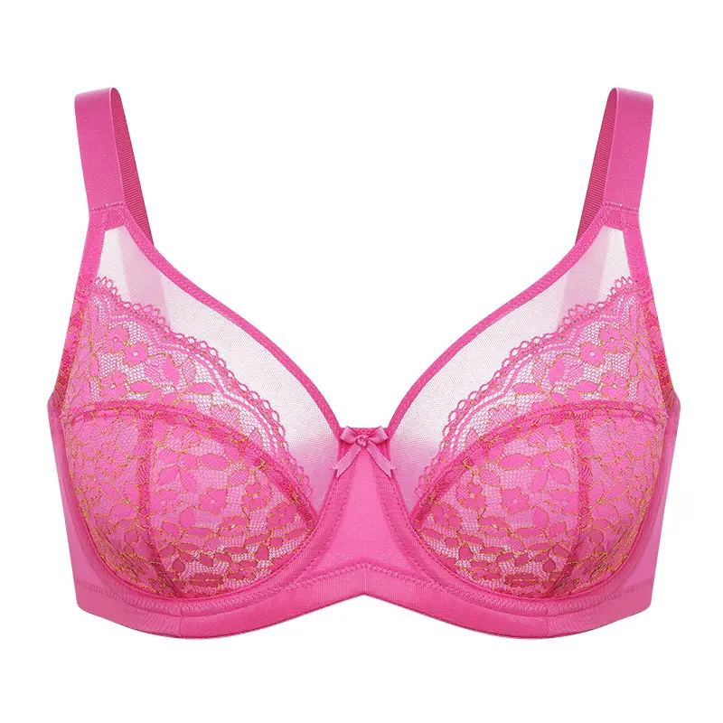 Lacsper Lurex Daisy Floral Lace Minimizer Bra with Gold Edge Unlined Unpadded Full Coverage Plus Size Underwire Breathable Mesh Cup Comfort Support for Women