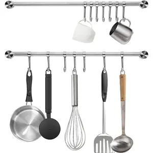 2 Pack 15.6 Inch Kitchen Utensil Rack, Wall Mounted Hanging Rack for Pots and Pans, 304 Stainless Steel Cooking Utensil Hanger with 7 Sliding Hooks for Spatula Spoon Measuring Cups Coffee Mug