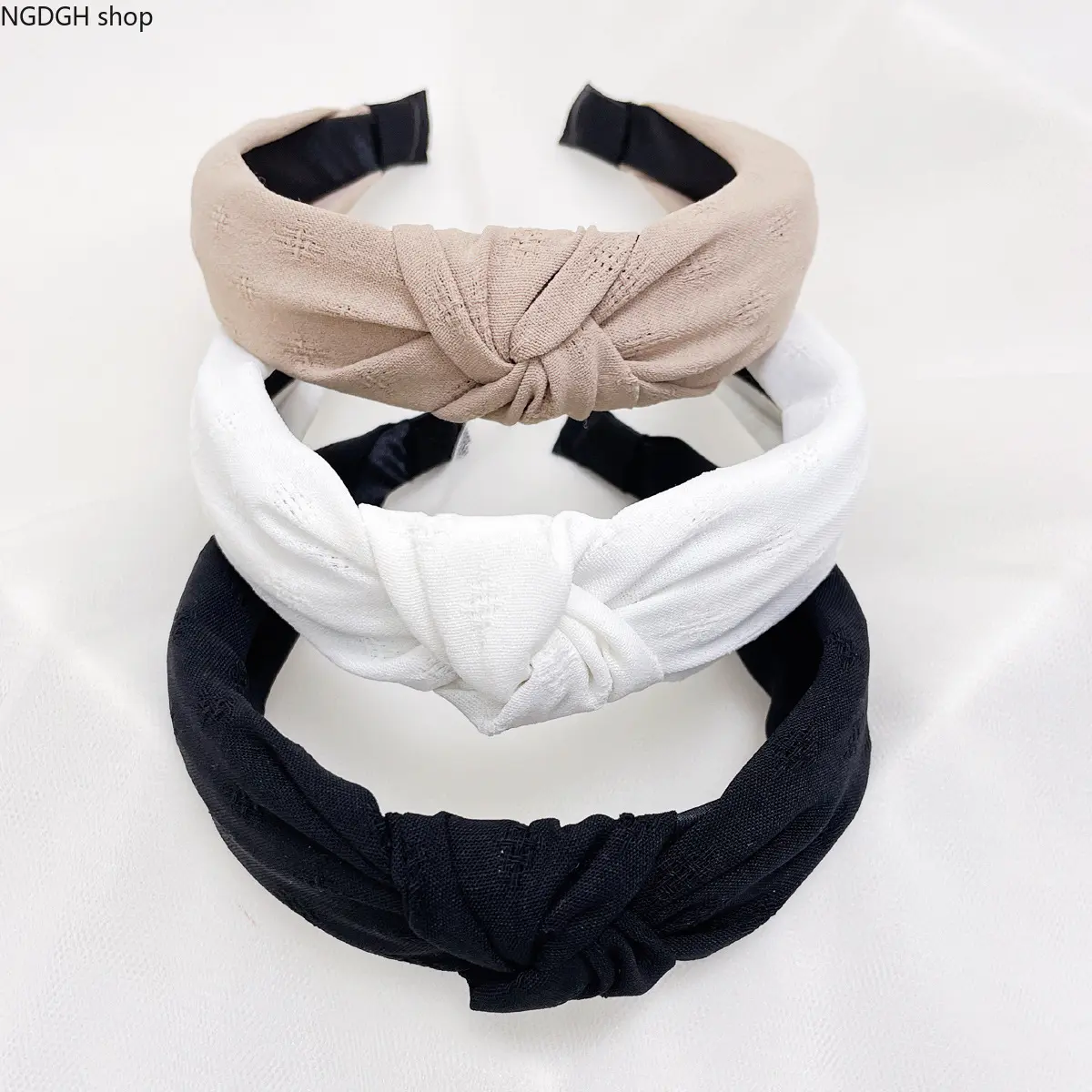 Women's 3-Piece Athletic Headbands - Plain Beige, White, Black Wide Knotted Turban Hair Accessories, Soft Breathable Eyelet Texture, No-Slip Design, Ideal for Daily Use, Yoga Workouts, Casual Wear, Female
