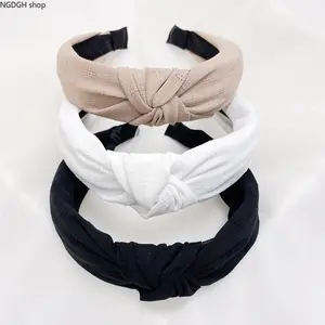 Women's 3-Pack Knotted Turban Headbands - Trendy Solid Beige, White, Black Wide Twist Hair Accessories, Soft Breathable Eyelet Texture, No-Slip, Ideal for Daily Use & Yoga Workouts, Headband