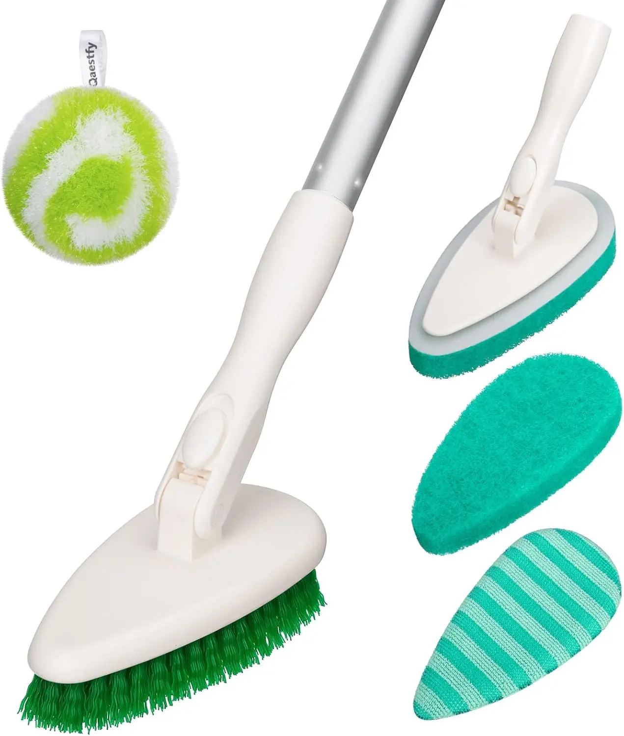 Qaestfy 4-in-1 Shower Scrubber with 51" Long Handle – Tub & Tile Cleaning Brush with Soft & Stiff Bristles (Non-Scratch)