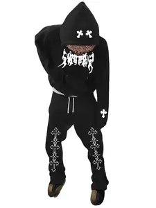 Fashion Hooded Mens Loose Pants Set Trendy Slight Stretch Fabric Letter Print Motorcycle Jacket US Street Style Comfortable Casual Clothing Men's Outfit Long Sleeve Black Biker Menswear Suits Gamis Motocross - Streetwear