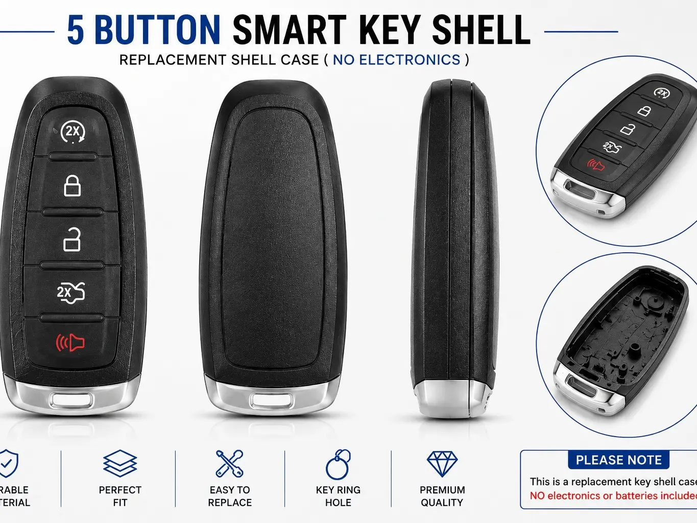 5-Button Smart Key Shell Replacement Case, Durable ABS Material, Perfect Fit, Easy to Replace, Key Ring Hole Included - Shell Only