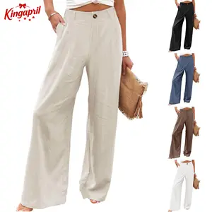 Kingapril Womens Cotton Linen Pants Casual Button Up High Waisted Wide Leg Trousers Womenswear Elastic Summervibes