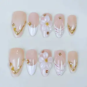 Handmade T87 Almond-Shape Marble Crack Fake Nails, Short-Style 3D Flower Art Clips with Reusable Adhesive Patches, Nail Supplies