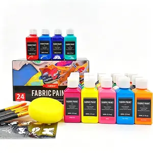 24-Color Permanent Soft Acrylic Fabric Paint Set (60ml/2oz) with 10 Brushes, Palette, Stencils for T-Shirts, DIY Crafts, Office Art Supplies