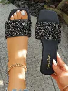 Luxury Rhinestone Slip-On Sandals, Casual Square Toe PU Shoes for All Seasons, Medium Width Women's Footwear