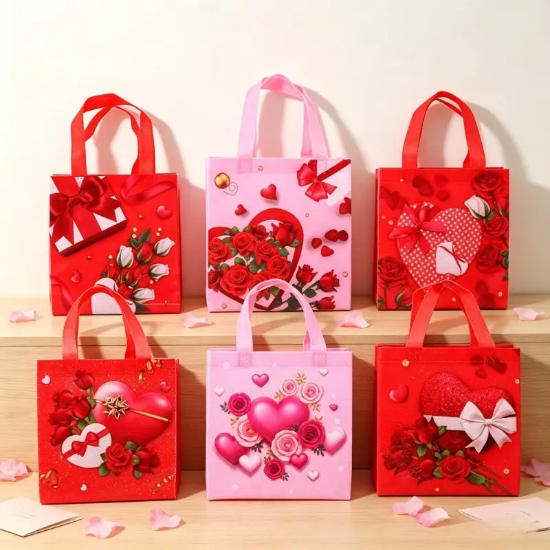 12pcs Romantic Red & Pink Rose Heart Non-woven Handheld Gift Bags, Reusable Gift Bags, Suitable for Valentine's Day Gift Wrapping, Daily Commute, Christmas and Halloween Gifts
