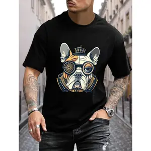 Steampunk French Bulldog Oversized Cotton T-Shirt, Royal Dog Graphic Comfort Fashion Outfit, Best Gift for Dog Lovers, Casual Vintage Fashion Tee