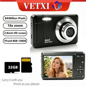 VETXI-02 Digital Camera, Auto Focus 4K PhotographyVlogging Camera with 16GB/32GB Card, 64MP PortableCompact Point-and-shoot Camera for Teen Adult Beginnerswith 16x Zoom, Anti-Shake, (Black)