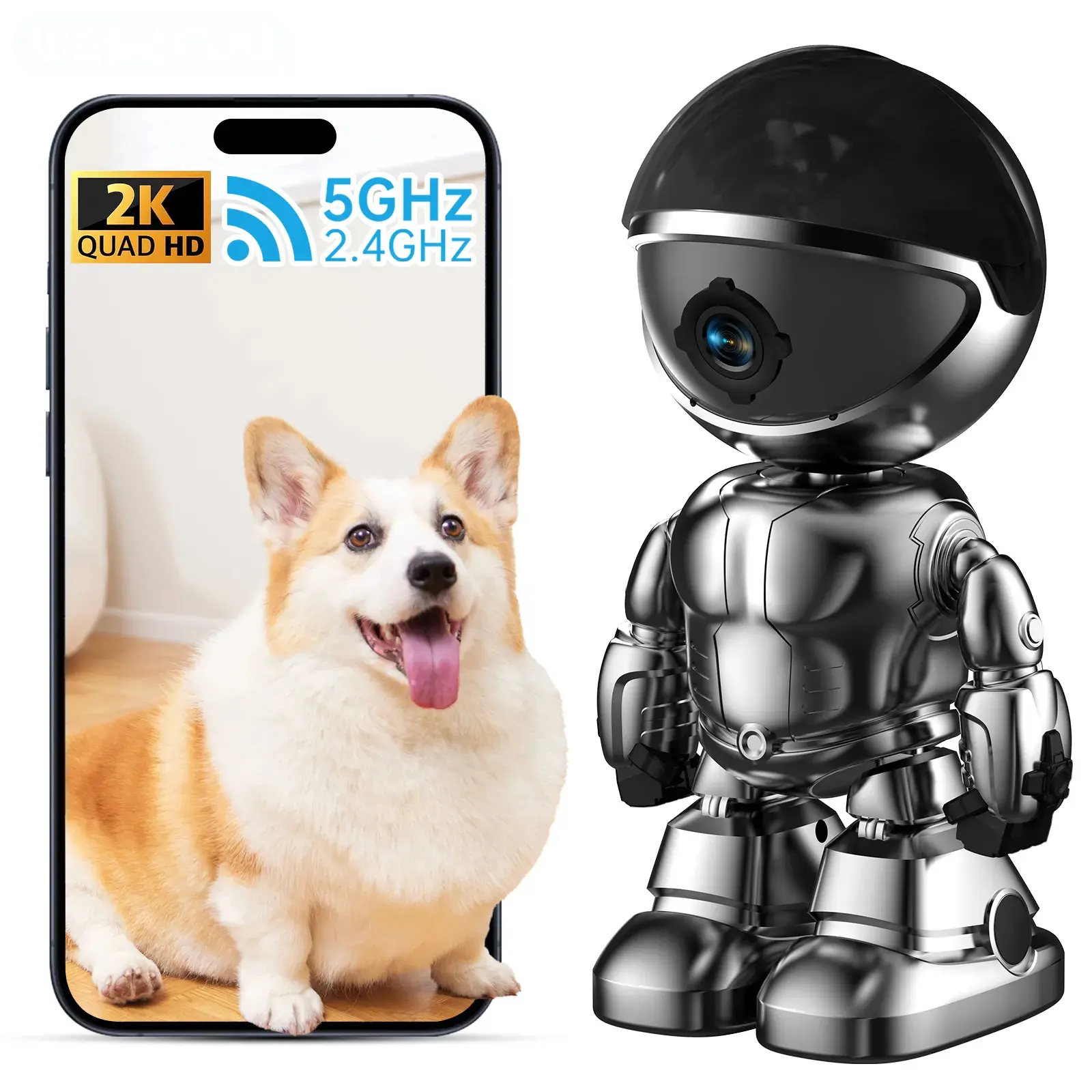 Indoor Camera Robot, 2k 5g/2.4ghz WiFi Pet Robot Cam with Phone App EseeCloud, 360 PTZ Nanny Cam Dog Cam with Audio/Video, Spy Camera 2-Way Audio Motion Tracking 7/24 Night Vision