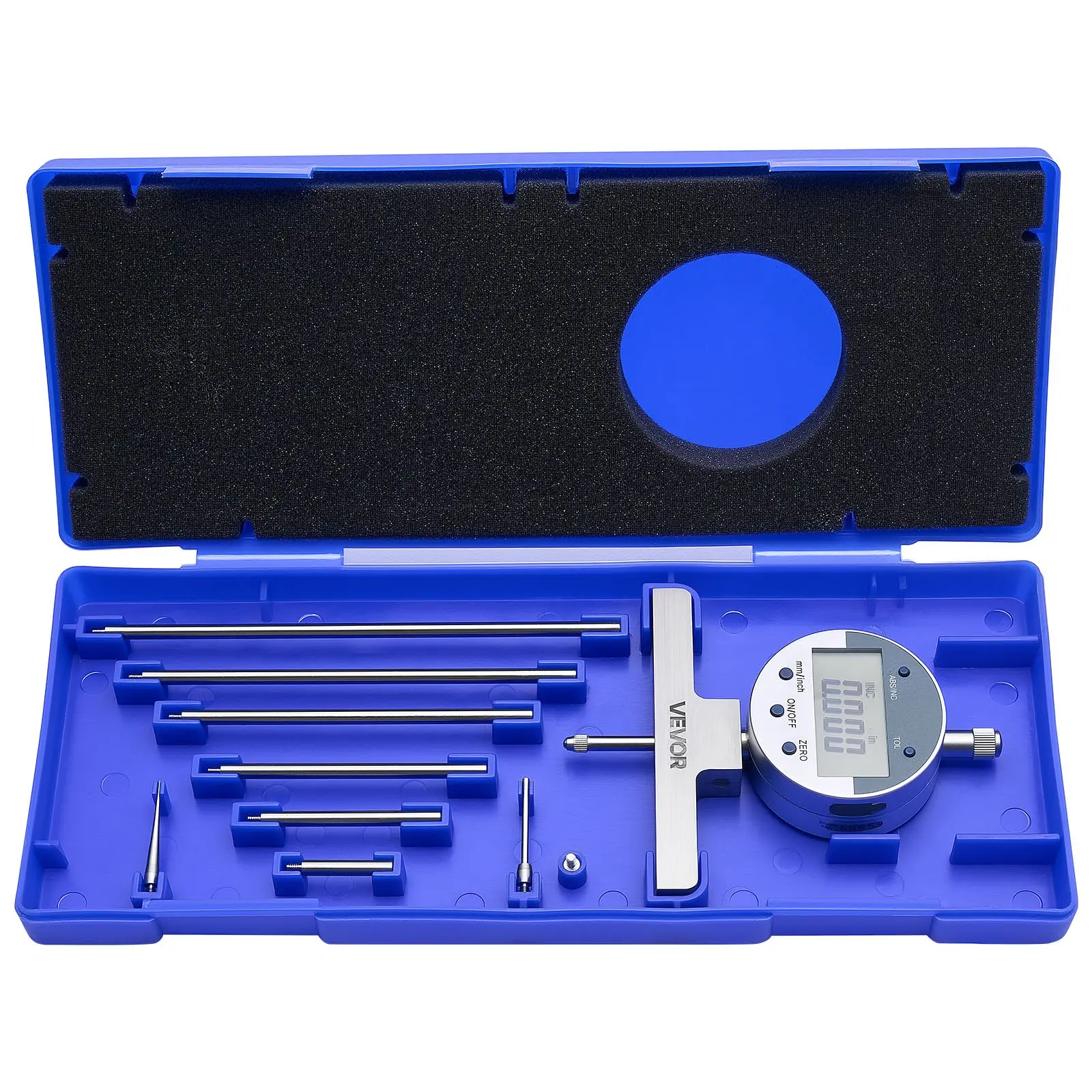 VEVOR High-Precision 0-22 Inch Digital Depth Gauge, Stainless Steel Body, LCD Screen, 0.0005 in Resolution, Metric/Imperial Units, 4 Anvils for Groove/Step Measurements, Complete Set Included