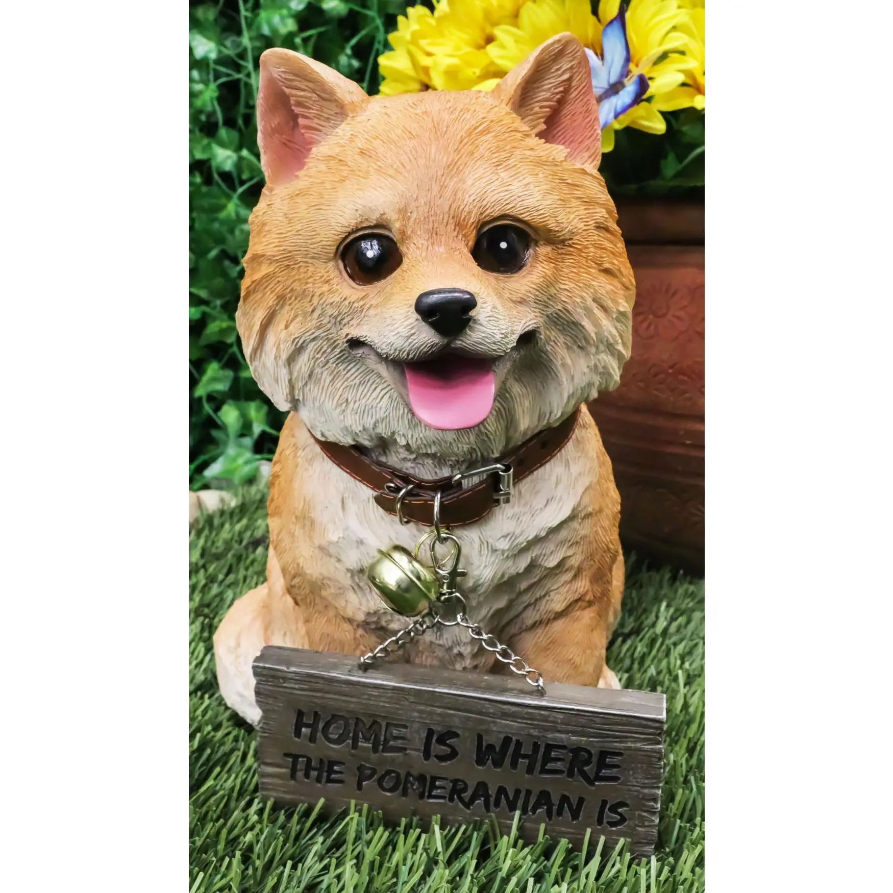 Resin Pomeranian Puppy Dog Statue - Adorable Pet Figurine with Jingle Collar, Plank Sign, Door Ornaments, Living Room Decor Accessories