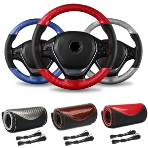 Leather Steering Wheel Cover, Carbon Fiber Stitch on Wrap, Breathable Anti-Slip Car Steering Wheel Protector for Max Diameter 15 Inch, DIY Sewing with Needles Thread (Black Red)