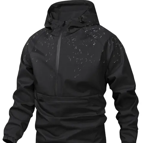 Men's Solid Color Half Zip Pocket Hooded Jacket, Regular Fit Casual Long Sleeve Drawstring Waterproof Jacket for Fall & Winter, Men Clothing for Daily Wear Zip Up Jackets, Casual Fashion Jacket