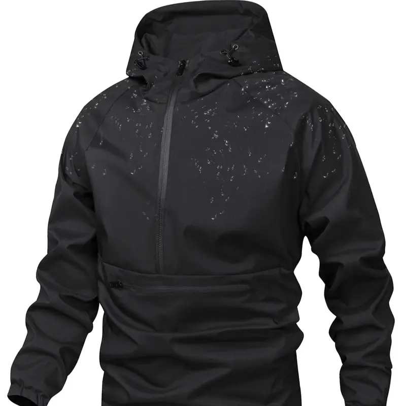 Men's Solid Color Half Zip Pocket Hooded Jacket, Regular Fit Casual Long Sleeve Drawstring Waterproof Jacket for Fall & Winter, Men Clothing for Daily Wear Zip Up Jackets, Casual Fashion Jacket