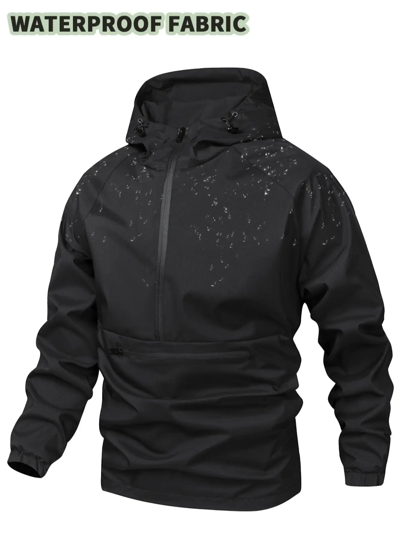 Men's Solid Color Half Zip Pocket Hooded Jacket, Regular Fit Casual Long Sleeve Drawstring Waterproof Jacket for Fall & Winter, Men Clothing for Daily