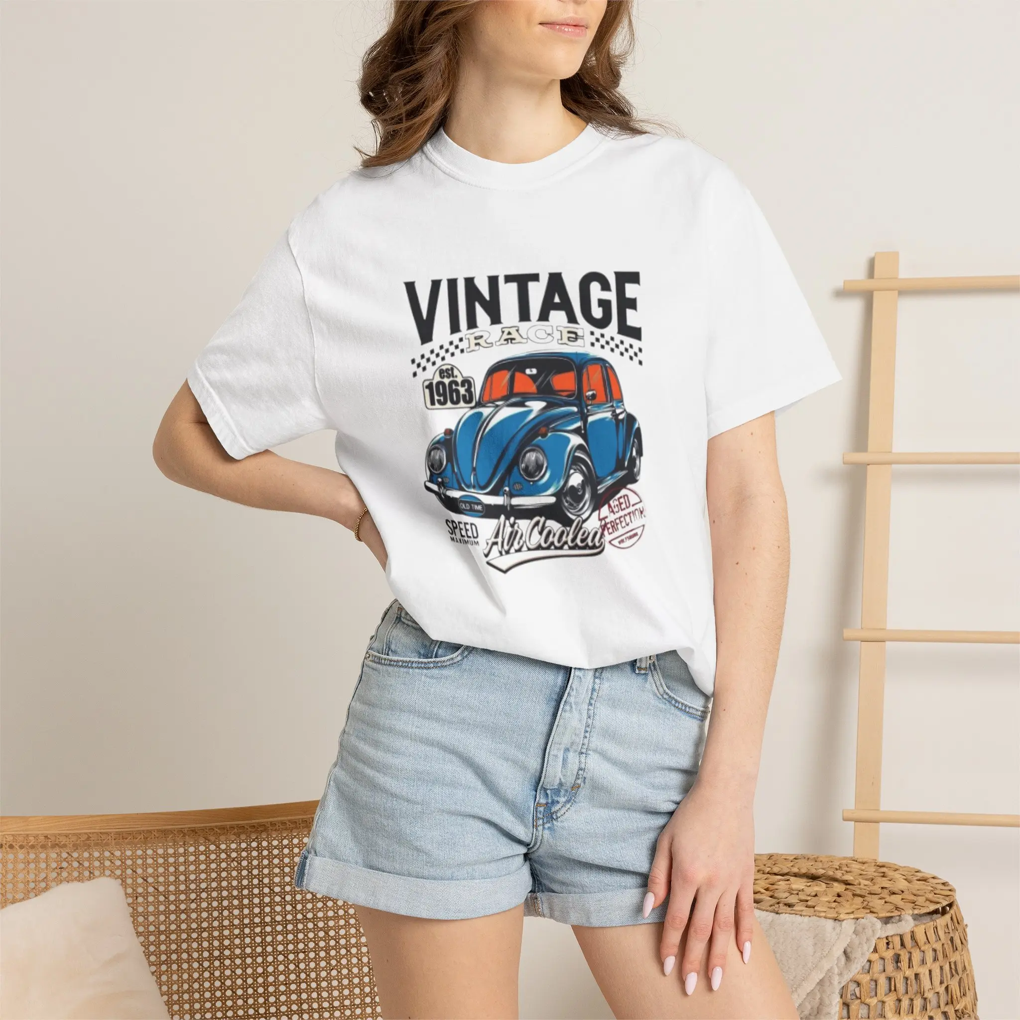 Men's Cotton Knit T-Shirt - Relaxed Fit, Short Sleeves, Vintage 1963 Blue Beetle Car Graphic, Retro Classic Auto Design, Casual Festival Tee, Gift for Car Lovers