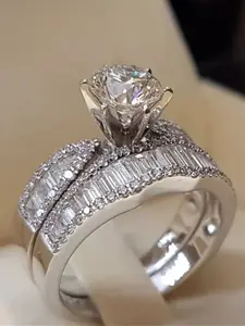 2PC/Set Gorgeous Cubic Zirconia Solitaire Halo Ring For Women For Wedding Engagement Anniversary Party Jewelry Valentine's Day Gift