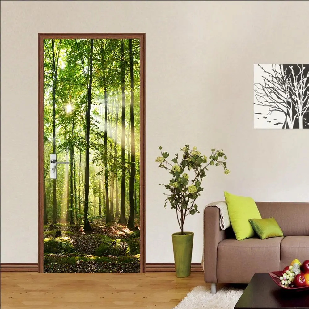 3D Forest Pattern Door Sticker, Waterproof Self-adhesive Removable Door Sticker, Decorative Wallpaper for Home Living Room Kitchen Bedroom