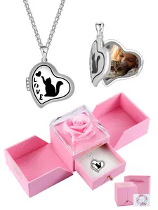 Heart Shape Cat Locket Necklace That Holds Pictures With Rose Jewelry Gift Box, Memorial Photo Locket Necklace, Birthday Christmas Jewelry Gift for Animal Lover Girl Daughter