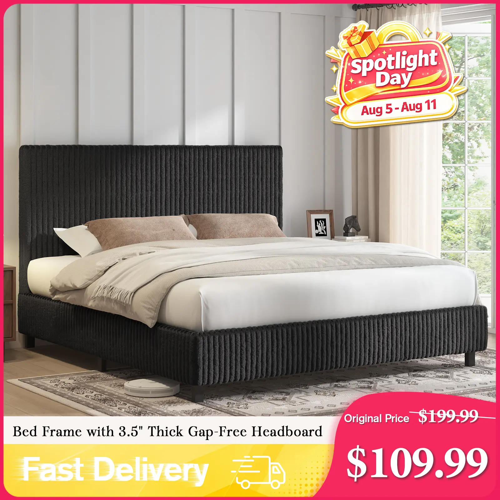 AMERLIFE Upholstered Bed Frame, Corduroy Platform Bed with 3.5" Thick Gap-Free Headboard, Fully Padded, Metal Frame with Strong Slats, No Box Spring Needed[tiktokshopbacktoschool][SohoChic]
