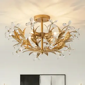 24 Inch Quintion Gold Crystal Ceiling Light, Semi-Flush Mount Golden Crystal Ornament Chandelier for Living Room Bedroom Hallway