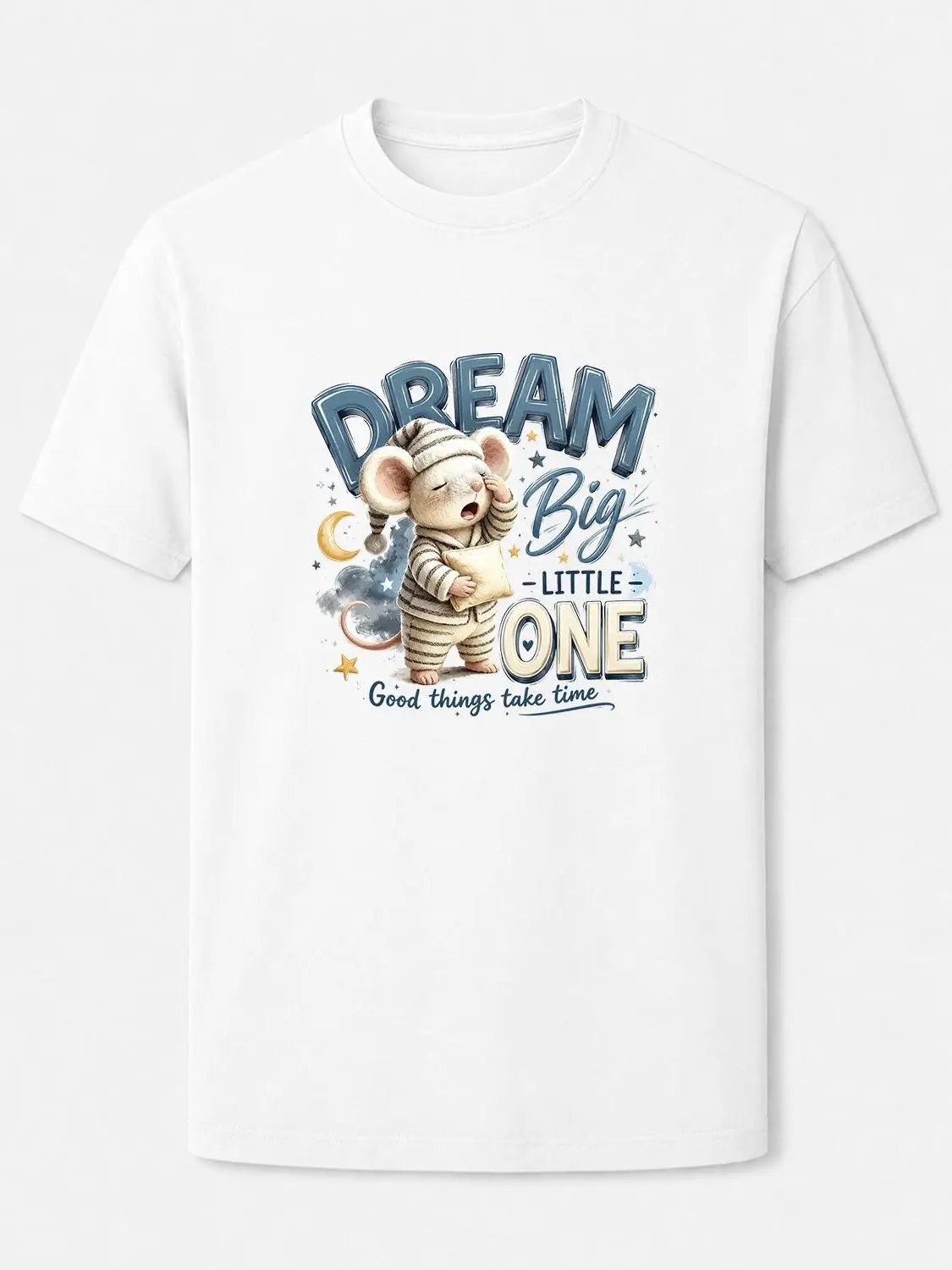 Watercolor Sleepy Mouse Graphic White T-Shirt, Dream Big Little One Moon Star Good Night Quote Crew Neck Tee, Soft Pastel Loose Unisex 100% Cotton Casual Short Sleeve Top Menswear Man Tshirt Streetwear