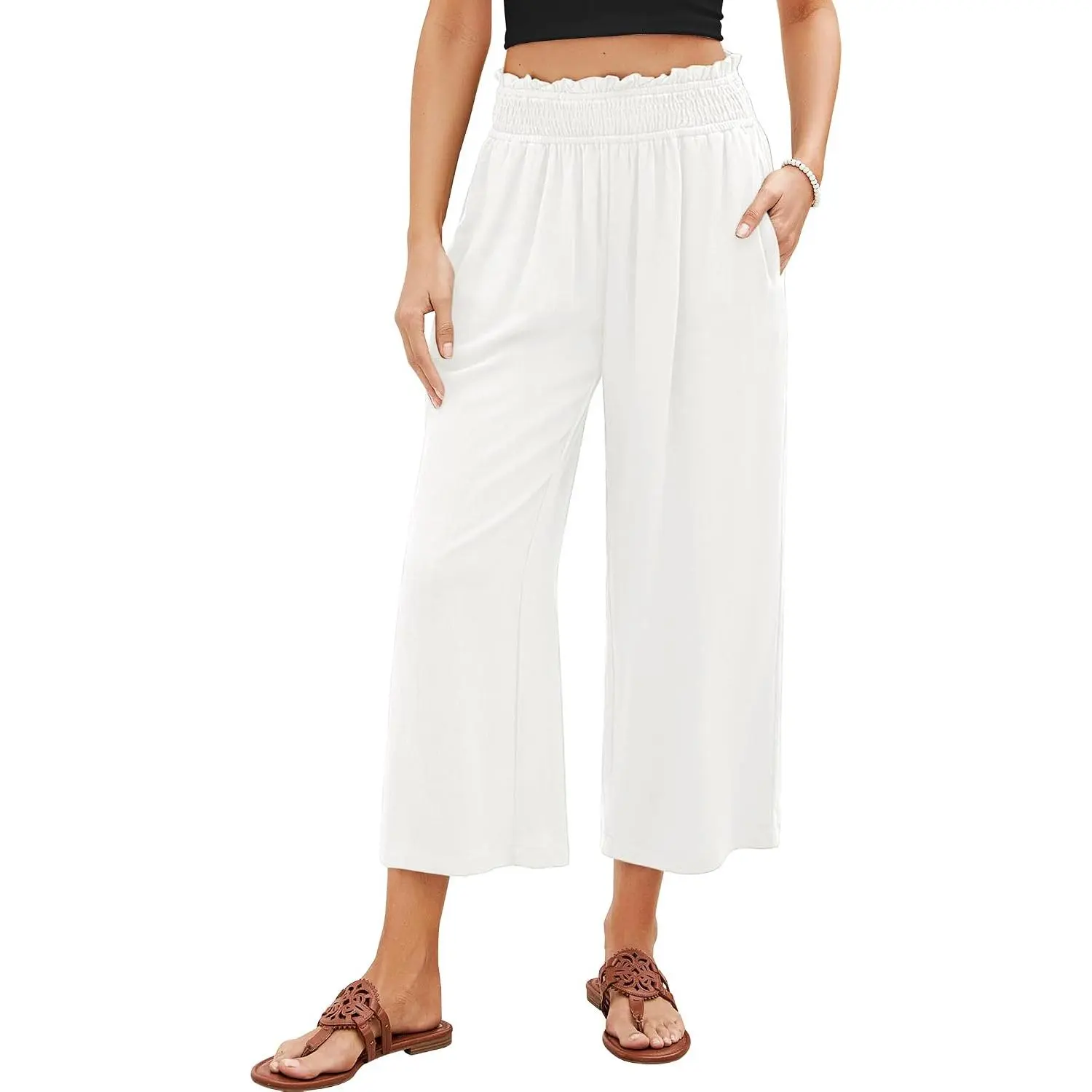 Pants for Women High Waisted Wide Leg Linen Palazzo Trousers Pull On Elastic Smock Waist Loose Flowy Pants