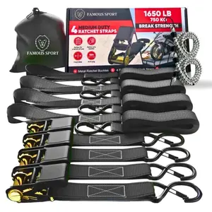 FAMOUS SPORT Ratchet Straps, 1650lb Break Strength, 4 15ft Tie Down Strap Set, 4 Soft Loops, Motorcycle Straps Tie Downs, Cargo Straps for Trucks, Rubber Handles, Coated Metal Hooks, Color Black