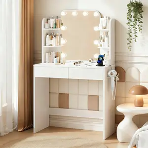 Makeup Vanity Desk with Mirror & Lights | 3 Color Lighting Modes | Vanity Set with/without Chair & Power Outlet | Compact Dressing Table for Small Spaces | Girls Vanity with Storage Shelves