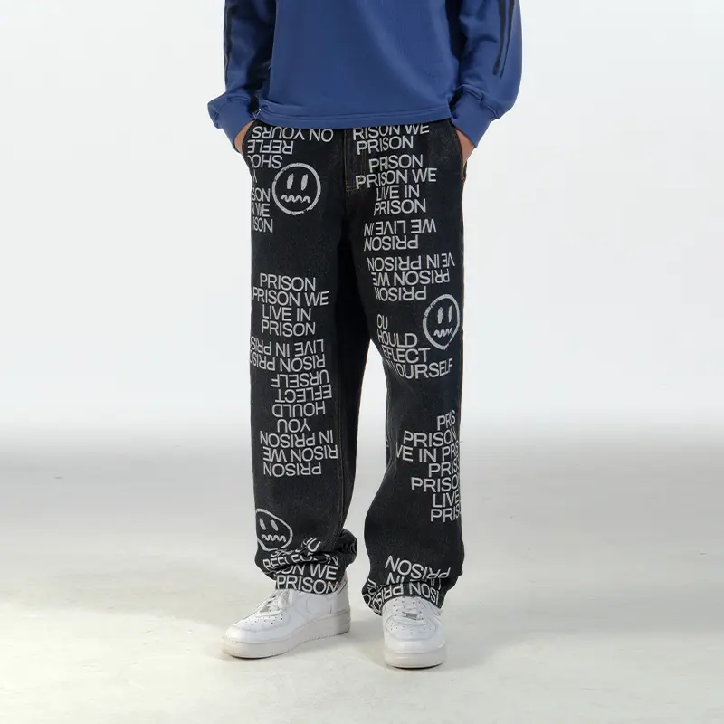 BEASTER Classic Ghost Face Washed Denim Jeans for Men, American Casual Pure Cotton New Black Straight-Leg Trousers