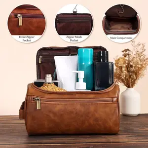 Multifunctional Toiletry Bag for Men, Hanging Travel Shaving Dopp Kit for Men and Women, Water-resistant Toiletries Organizer Bags, PU Leather Cosmetic Bags for Makeup Accessories Toiletry Bag for Groomsman, Anniversary Gift, Perfect Gift For Him (Brown)