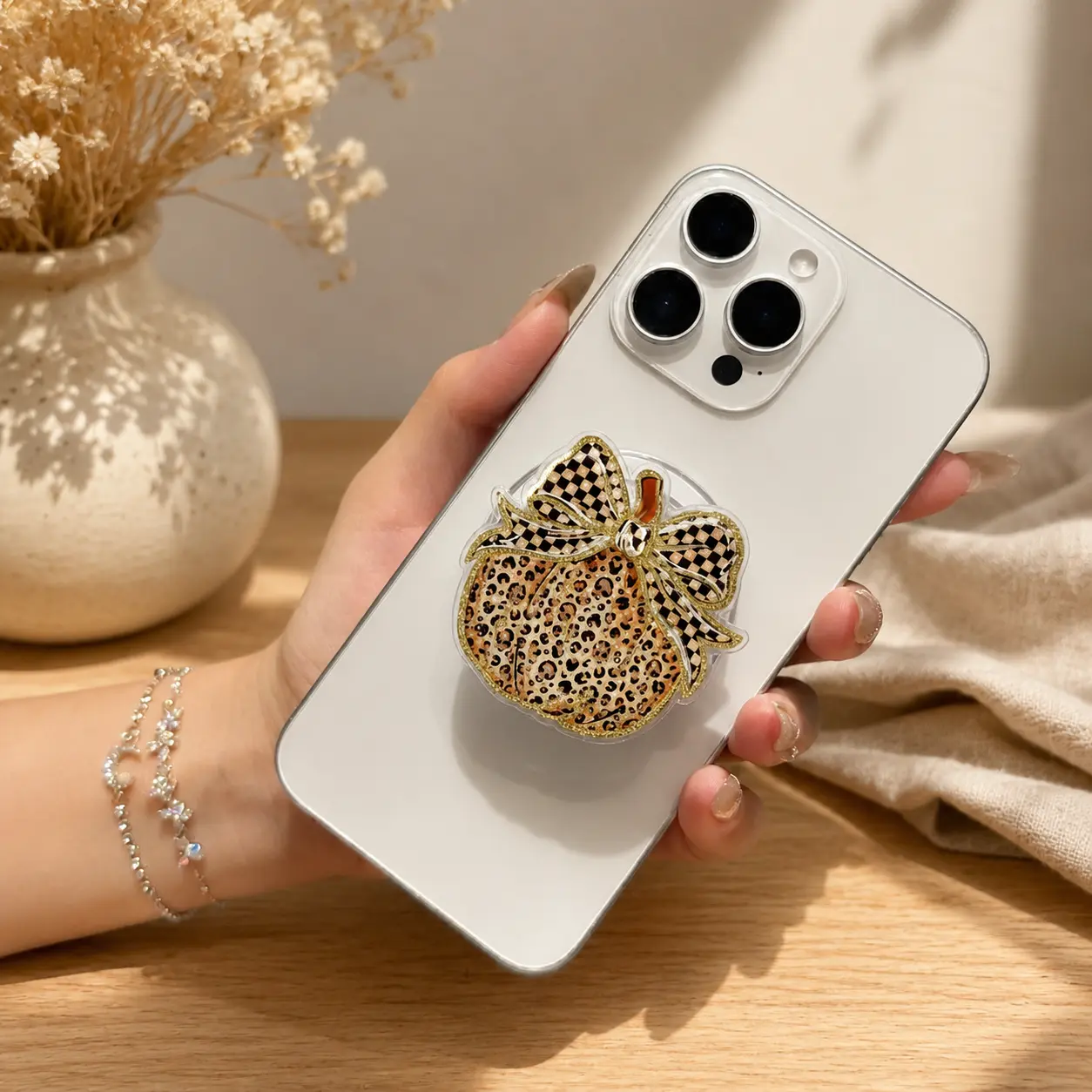 Preppy Pumpkin Phone Grip, Leopard Coquette Bow MagSafe Phone Holder, Retro Fall Pumpkin, Checkered Autumn Gift for Women