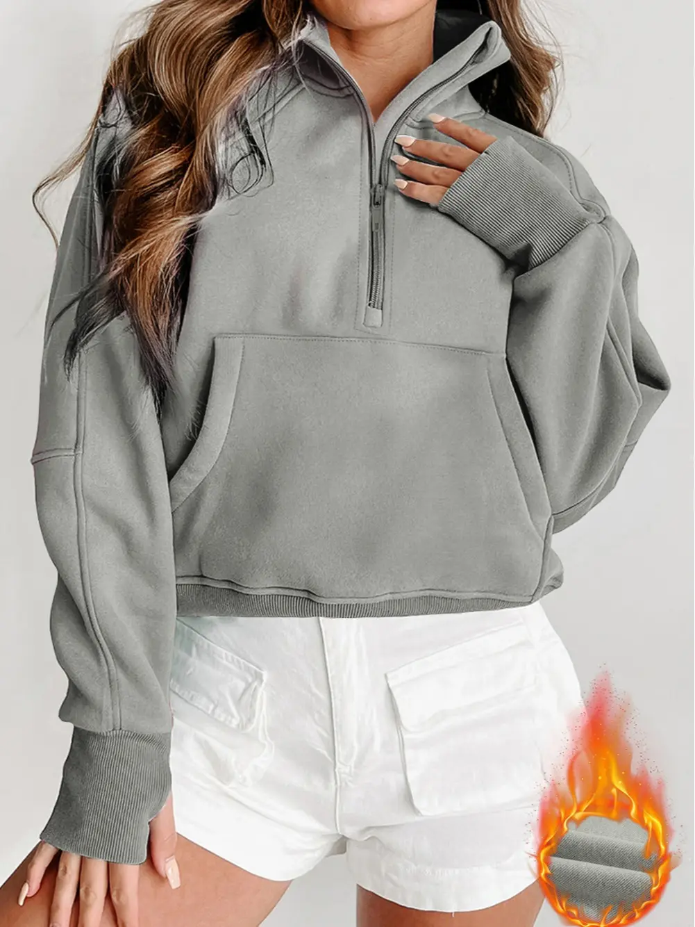 Women Fleece Lined Half Zip Pullover Cropped Sweatshirt