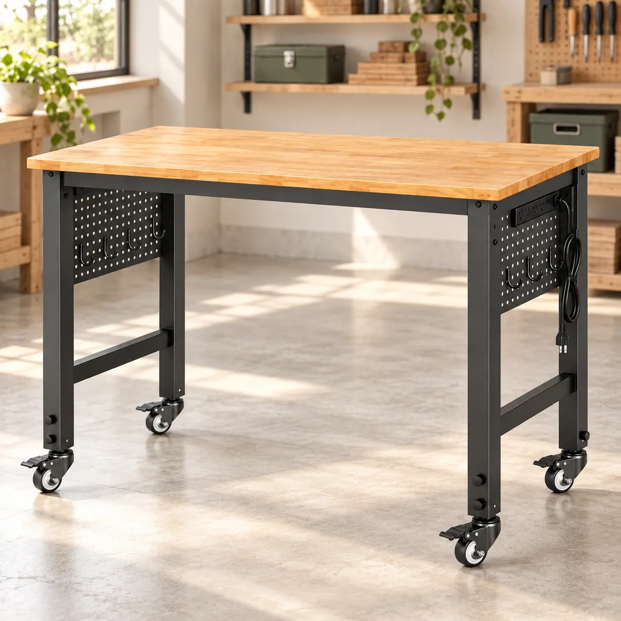 INTERGREAT 48/60 inch Adjustable Workbench with Wheels, Wood Top, Pegboards and Power Strip