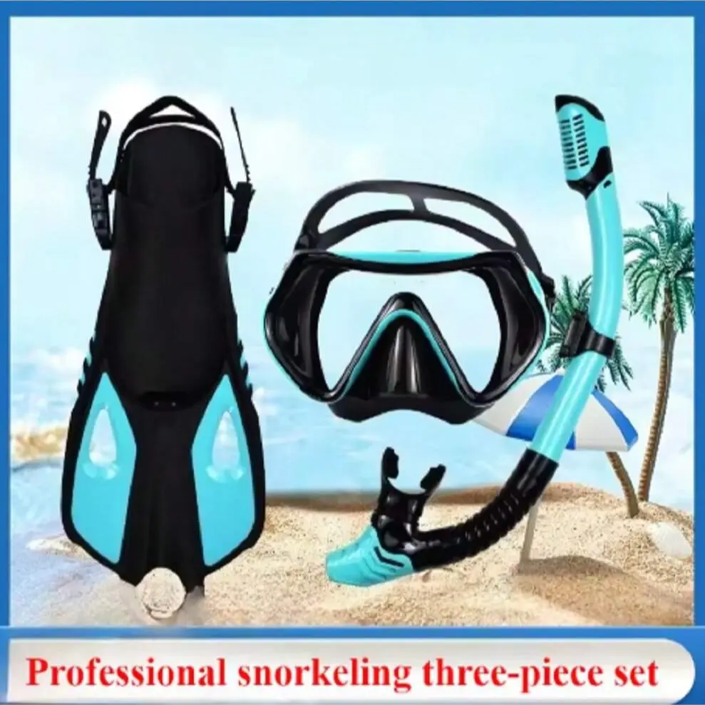Three-Piece Snorkeling Set, Snorkeling Gear, Outdoor Sports Diving Mask Breathing Tube Adjustable Fins Flippers, Adult Long Fins Swimming Frog Shoes
