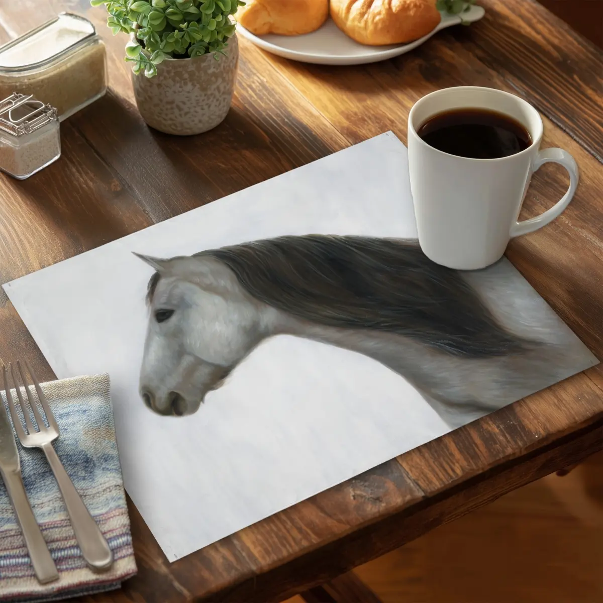 Rustic White Winter Horse Rectangle Placemat (14" x 18") with 360-Degree Stand, Durable Easy-Clean Kitchen Tableware for Dinner, Indoor Home Kitchen Table Decor, Coasters for Animal Lovers