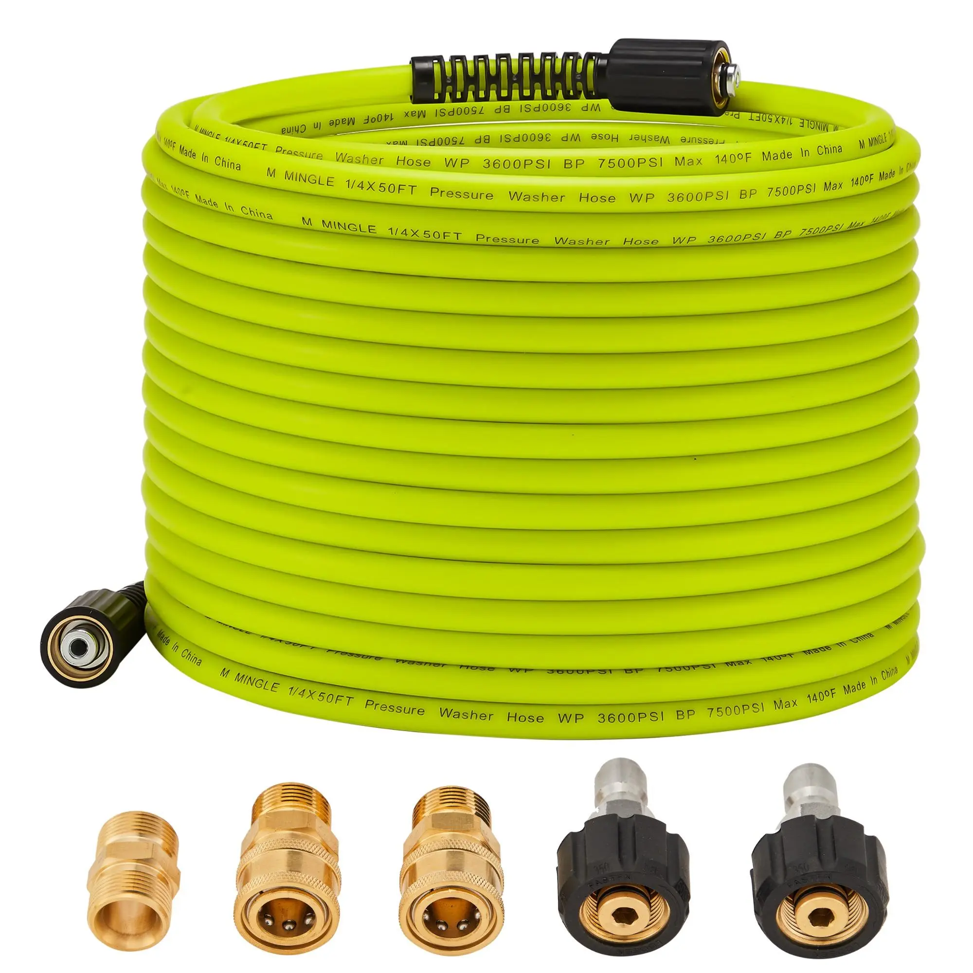 M MINGLE Car High Pressure Cleaning Hose, High Pressure Car Wash Hose with 1/4 Inch Plug, 50-Feet High Pressure Car Wash Hose with M22 Connector & 2 Adapter, Heavy Duty Hose