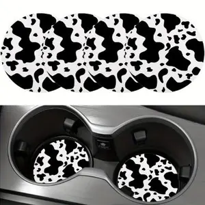 4pcs Black & White Cow Print Car Coasters - 2.75" Round Faux Leather, Decorative Beverage Mats for Home & Vehicle, Stylish Auto Interior Accessories car  accessories  for  women