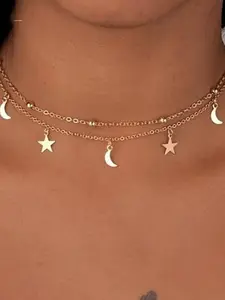 Star & Moon Decor Double Chain Choker Necklace for Women & Girls, Minimalist Chain Necklace, Fashion Jewelry for Party, Daily Clothing Decor, Trendy All-match & Exquisite Jewelry for Birthday Gift