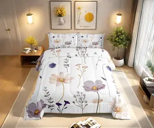 Watercolor Flower Bedding Set,Plum Beige Floral Comforter Set,Adult Women Modern Minimalist White Duvet Insert,Branches Pastoral Down Comforter