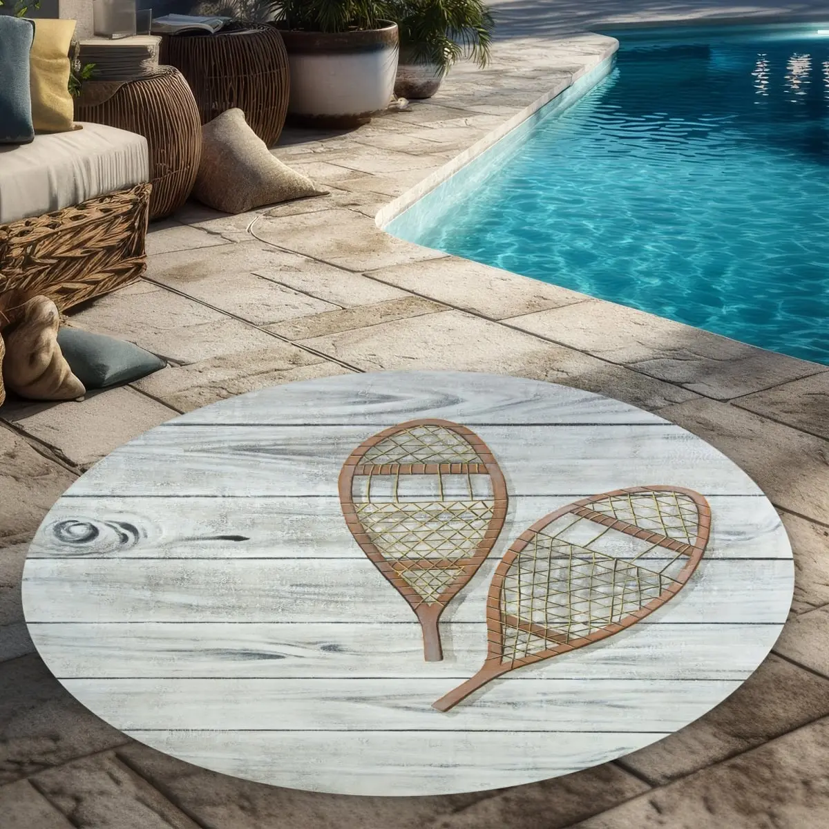 Begin Home Decor C1COAR55XBTST7 5 x 5 ft. Snowshoes Beige Round Outdoor Rug - Man Cave Home Decor